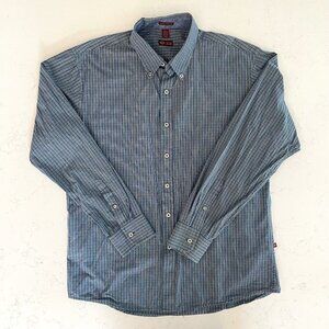 Izod Slim Fit Casual Button Down Lg Slv Check Cotton Shirt Navy + Green Sz L